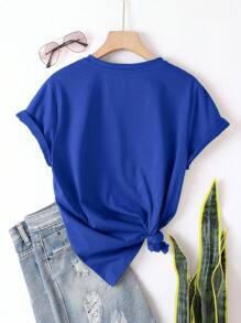 INAWLY 大尺碼純色圓領休閒t恤 - 寶藍色 - 查看 2