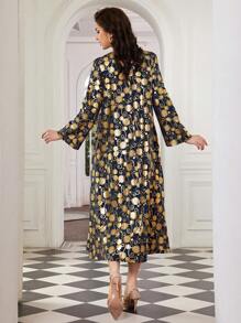 Al Najma Vestido De Empalme De Encaje Con Estampado Dorado - azul real - Ver 2