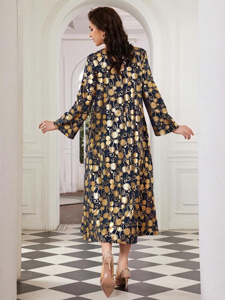 Lace Splicing Dress With Golden Print