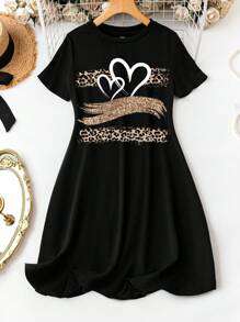 SHEIN LUNE Casual Women's Leopard Print Heart Pattern Bodycon Round Neck Short Sleeve Mini Dress, Suitable For Summer Chic Dress - Black - View 8