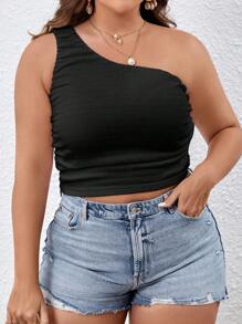 SHEIN VCAY Plus Size Women's Solid Color Pleated One Shoulder Sleeveless Top - Black - View 3
