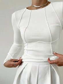INAWLY Của phụ nữ Tay áo dài Áo thun Với Để lộ ra Đường may - trắng - Xem 3