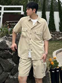DAZY Men's Solid Color Work Shirt And Shorts Set - Apricot - View 9