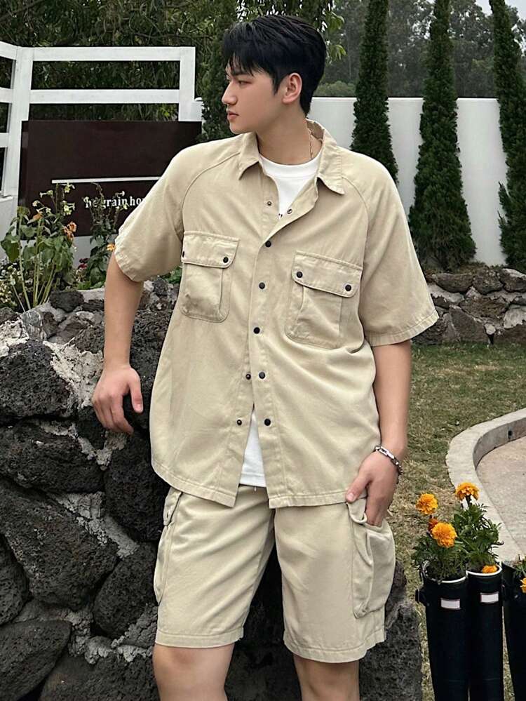 Men's Solid Color Work Shirt And Shorts Set