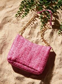 SHEIN SXY Fashionable And Simple Women's Summer Straw Woven Chain Shoulder Bag, Suitable For Ladies On Beach, Vacation Or Holiday