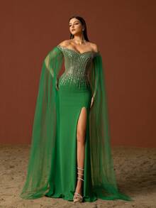 优雅绿色网眼亮片露肩礼服女士舞会晚会婚礼宾客礼服，适合毕业典礼、晚宴 - 綠色 - 查看 5