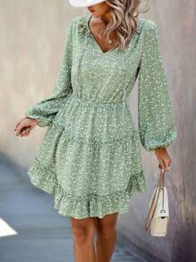 SHEIN Clasi In Tay áo lồng đèn Đầm Với Ruffle Cạnh Hem - màu xanh lá - Xem 5