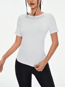 女士純色拉甘半袖運動t恤 - 白色 - 查看 1