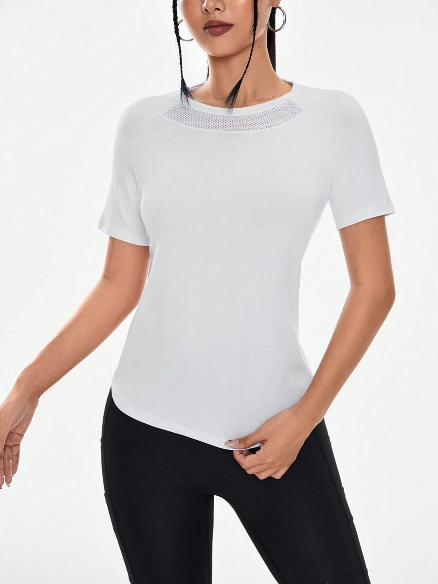 女士純色拉甘半袖運動t恤 - 白色 - 查看 1