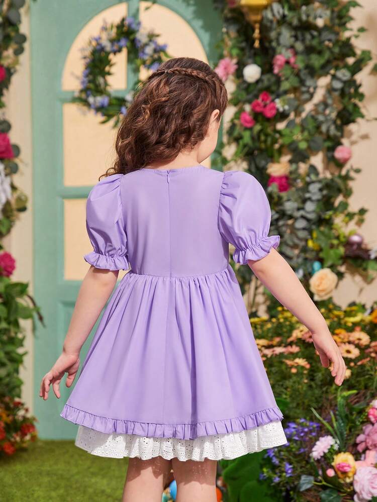 Young Girl's Square Neck Puff Sleeve Color-Block Dress With Bow Knot Detail And Double-Layered Dress