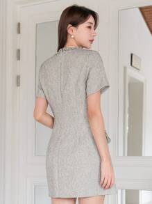 DAZY Round Neck Color Block Short Sleeve Dress Sundress - Beige - View 2