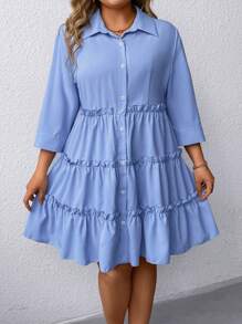 SHEIN Clasi 大码女式单排扣荷叶边连衣裙 - 淺藍色 - 查看 1