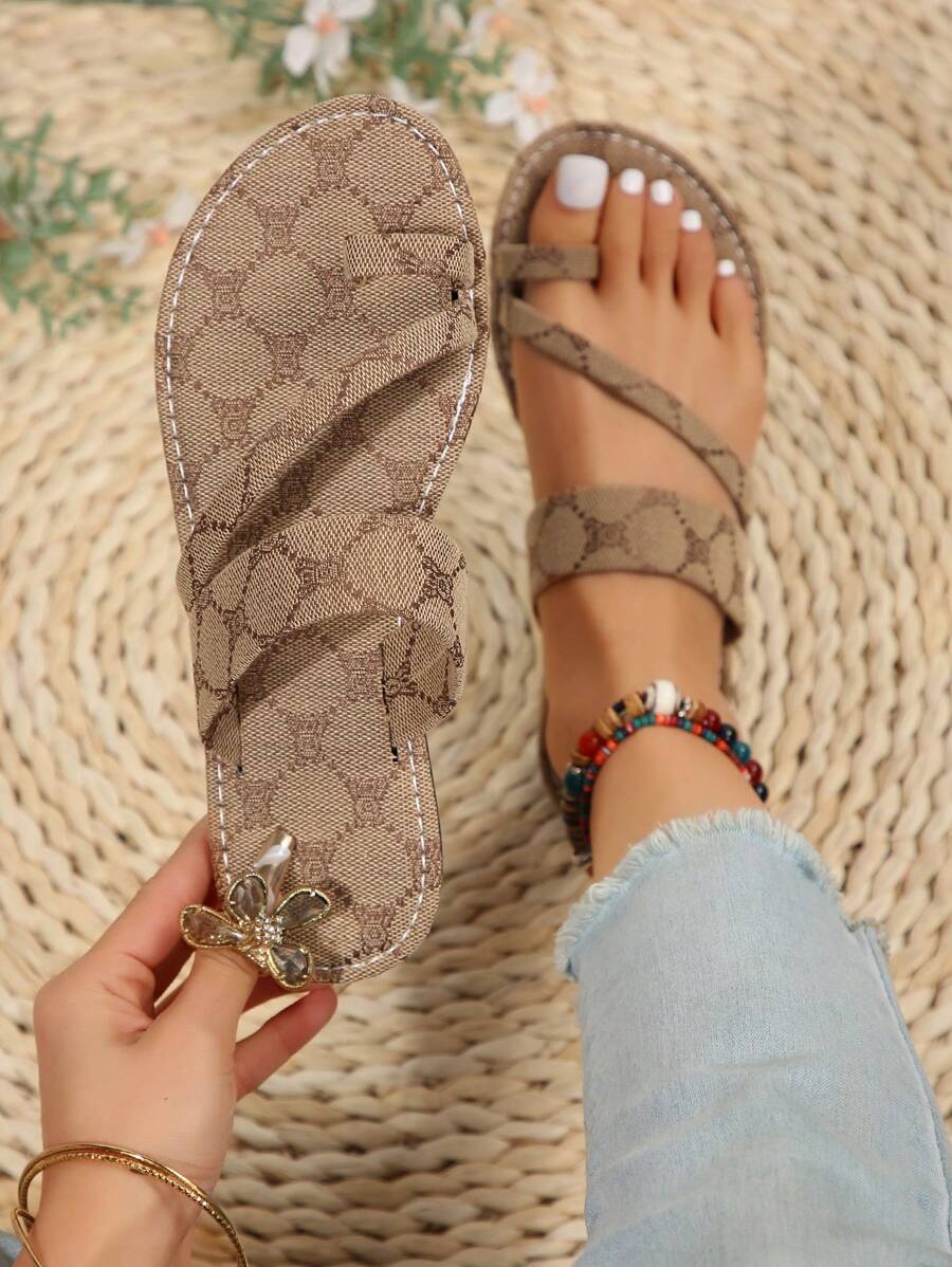 Women's Flat Sandals, Toe Ring Slide Slipper For Summer Beach - Khaki - View 1