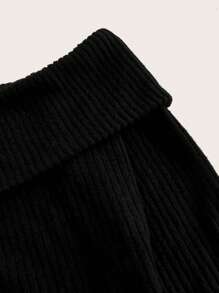 SHEIN EZwear 新年休闲黑色罗纹露肩针织两件套女士套装 - 黑色 - 查看 3