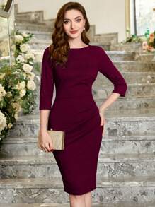 MIUSOL Elegant Women's Ruched Zip Back Split Hem Bodycon Dress, Slim Fit Business Casual Outfit, Perfect For Office, Wedding Guest, Homecoming, Church And Birthday Party - 酒紅色 - 查看 1