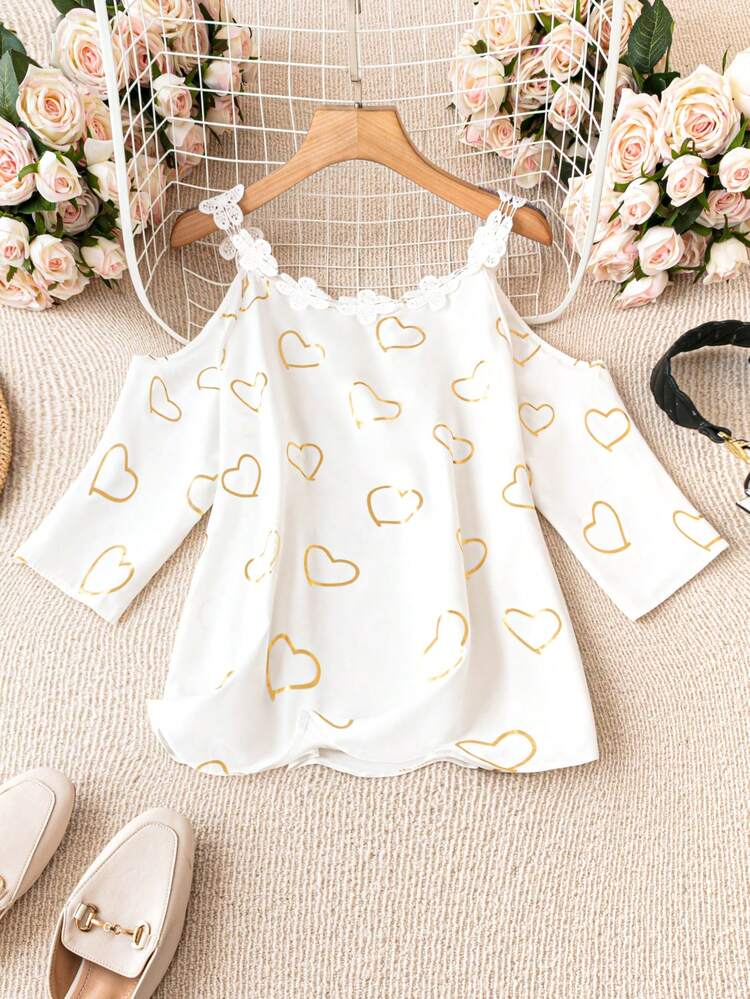 Plus Size Heart Printed Lace Edge Cold Shoulder Blouse