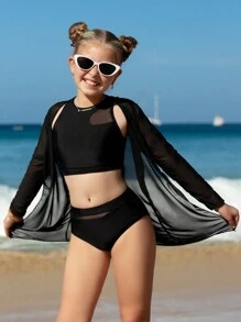 Conjunto de 3 piezas para niña preadolescente: Nueva moda, conjunto de unicolor con parches de malla