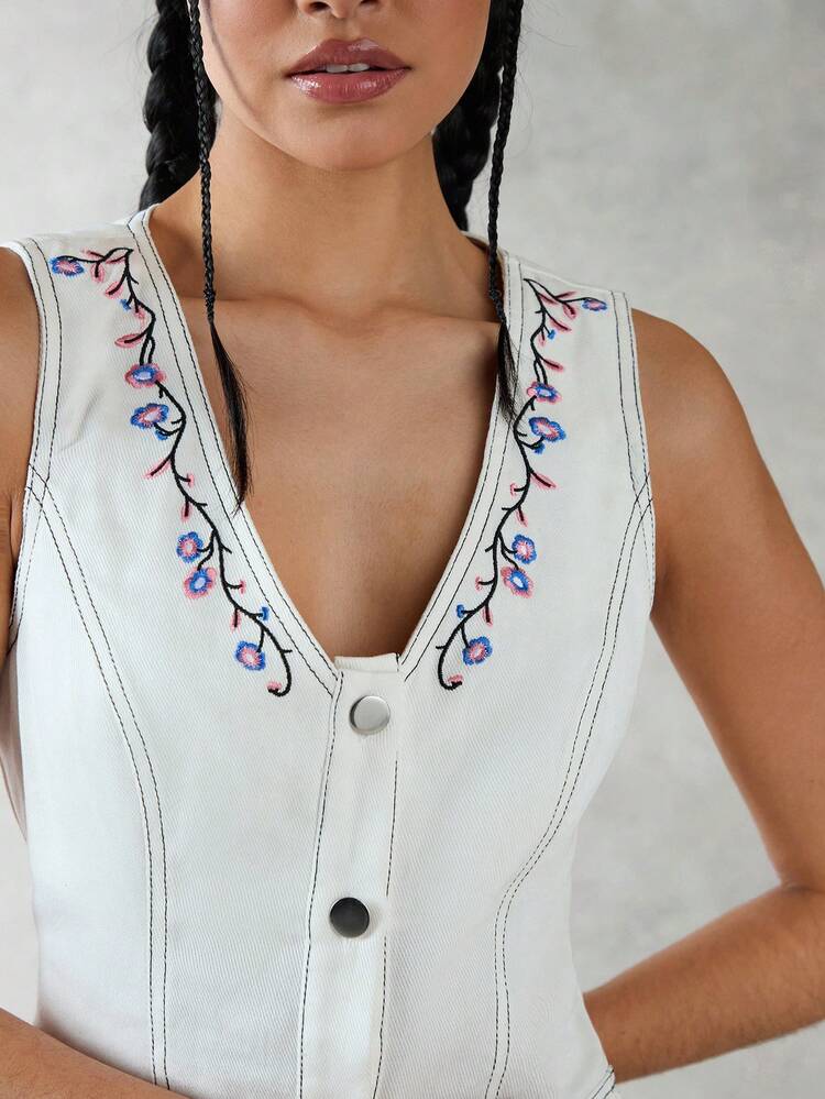 Women's Floral Embroidered V-Neck Single-Breasted Sleeveless Dress