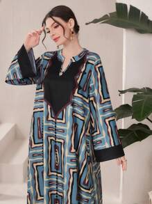 Al Najma Women's Loose Fit Printed Notched Collar Dress With Flared Sleeves, Modest Full Length Casual Jalabiya - Multicolor - View 6