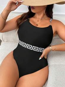 SHEIN Swim Curve Summer Beach Plus Size Geometric Print Round Neck One Piece Swimsuit - Black - View 1