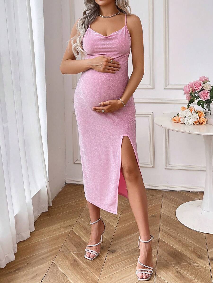 SHEIN Robe d'été pour femme enceinte à bretelles spaghetti avec encolure plongeante et fente haute à l'ourlet