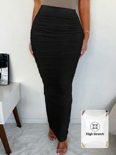 SHEIN SXY Veckade Maxi Vit Elegant Sticka Kvinnors Medium kjol