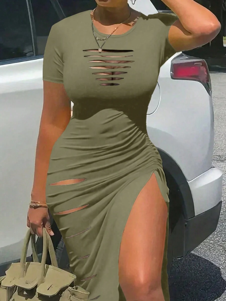 SHEIN Ladies' Short Sleeve Dress With Drawstring Waist, High Slit Hem And Ripped Details - Olive Green - View 1