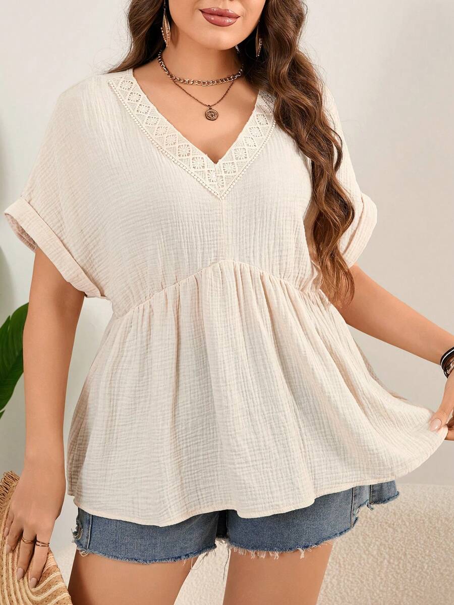 SHEIN LUNE 大尺碼米色V領夏季舒適透氣襯衫女款Dolman袖襯衫鄉村音樂會裝