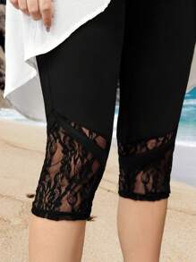 EMERY ROSE 大尺碼純色蕾絲拼接打底褲 - 黑色 - 查看 4