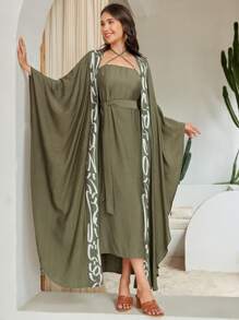 Al Najma 纯色腰部收紧休闲连衣裙，搭配拼布印花前开襟夹克 2 件套 - 軍綠色 - 查看 6