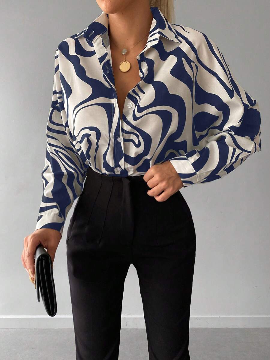 SHEIN Cottnline Women's Elegant Random Printed Blouse - Navy Blue - View 1