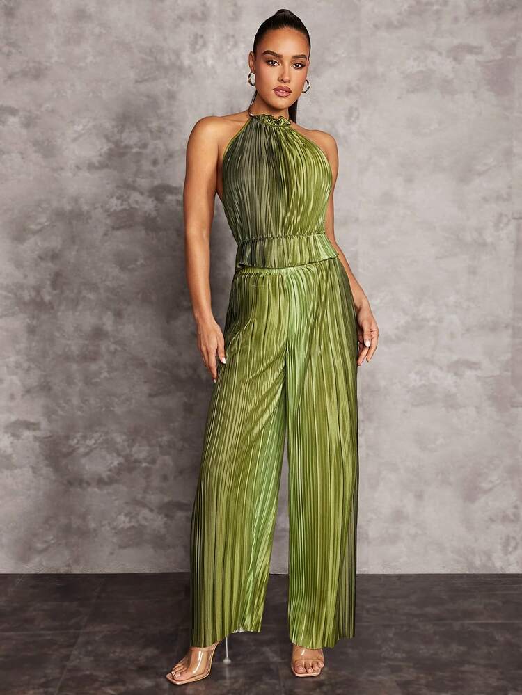 Spring And Summer Holiday Green Gradient Gathered Pleated Elastic Waistband Women's Wide-Leg Trousers