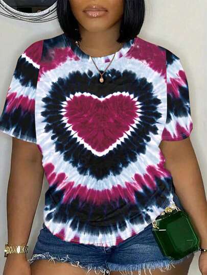 LONESS Heart Tie-Dye Print Casual Round Neck Short Sleeve T-Shirt Graphic Tees Women Tops