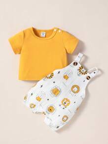 SHEIN 嬰兒男童純色圓領短袖上衣和印有獅子圖案的連體褲 - 彩色 - 查看 5