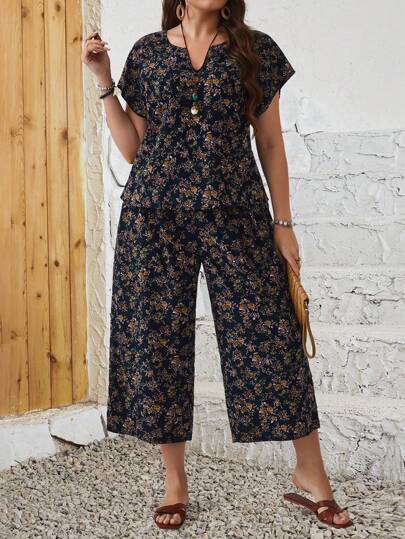 EMERY ROSE Plus Size Floral Print Notch Neck Batwing Sleeve Top And Straight Pants,Flower/Spring/Summer/Vacation