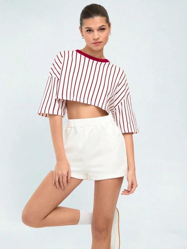 Women's Color Block Striped Drop Shoulder Cropped Top And Solid Color Shorts Set