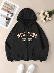 INAWLY Plus Size Hooded Sweatshirt With Letter Print And Drawstring Graduation,Back To School,Teacher Pullover Fall Winter Autumn - Black - View 1