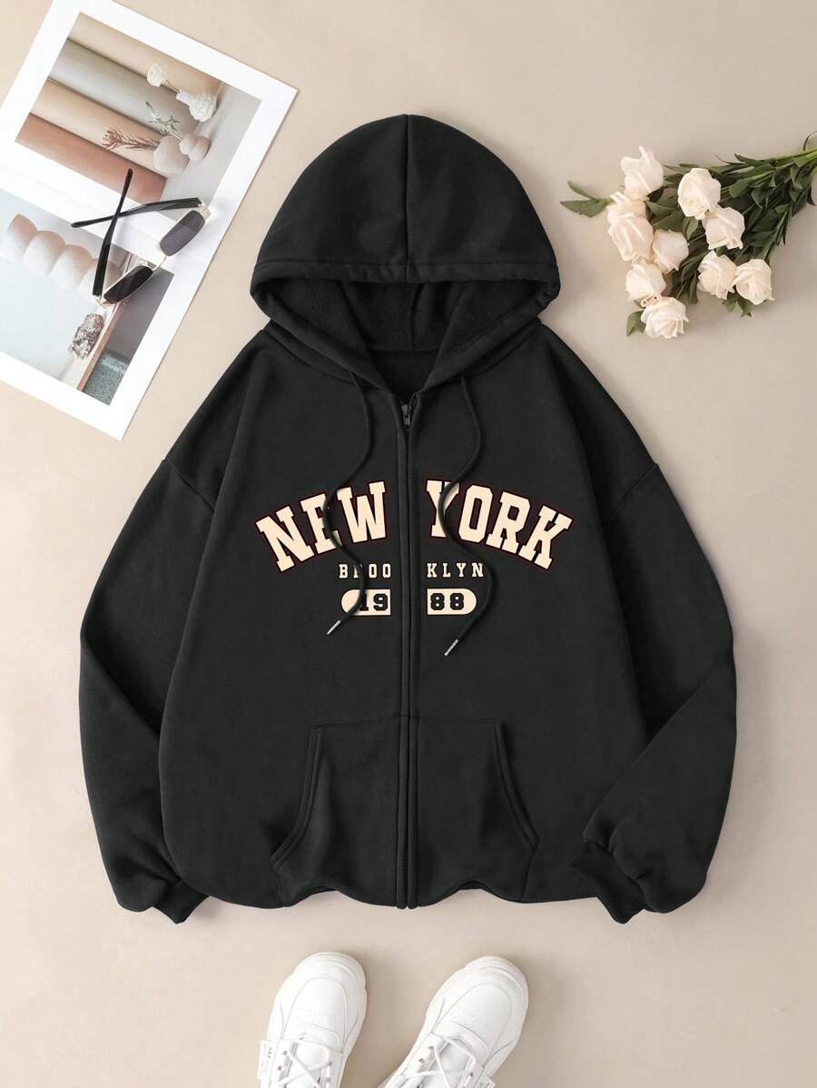 INAWLY Plus Size Hooded Sweatshirt With Letter Print And Drawstring Graduation,Back To School,Teacher Pullover Fall Winter Autumn - Black - View 1