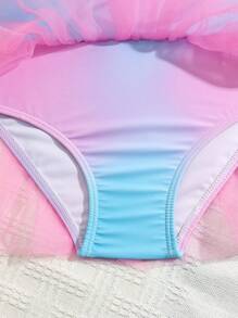 Traje De Baño De Una Pieza Para Niña Con Adorno De Concha Degradado Y Malla, Atuendo De Playa Para Verano De Vacaciones - Púrpura malva - Ver 3