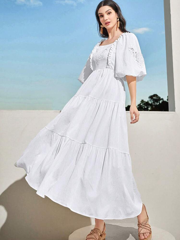 Women's Lace Patchwork Puff Sleeve Dress