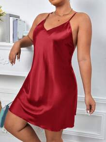 SilkySpell Camisón de satén con espalda cruzada en talla grande - Burdeos - Ver 3