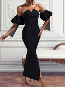 Women's Diamond Inlaid Mesh Insert Off-Shoulder Split Cocktail Dress - Black - View 1
