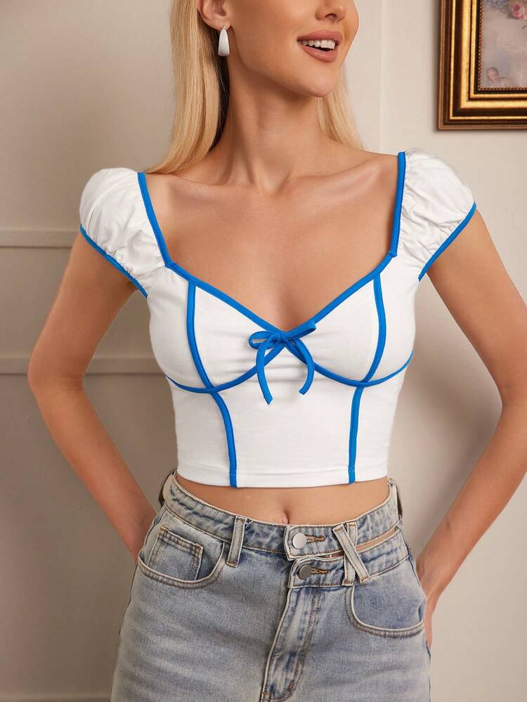 Color-Blocked Slim-Fit T-Shirt With Rolled Heart-Shaped Neckline