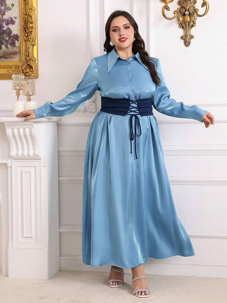 Plus Size Faux Pearl Decor Button Half-Opened Collar Beaded Dress Long Evening Dresses