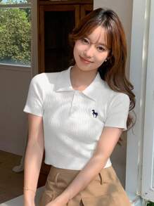 DAZY Dệt kim Áo polo Với Thêu - trắng - Xem 2