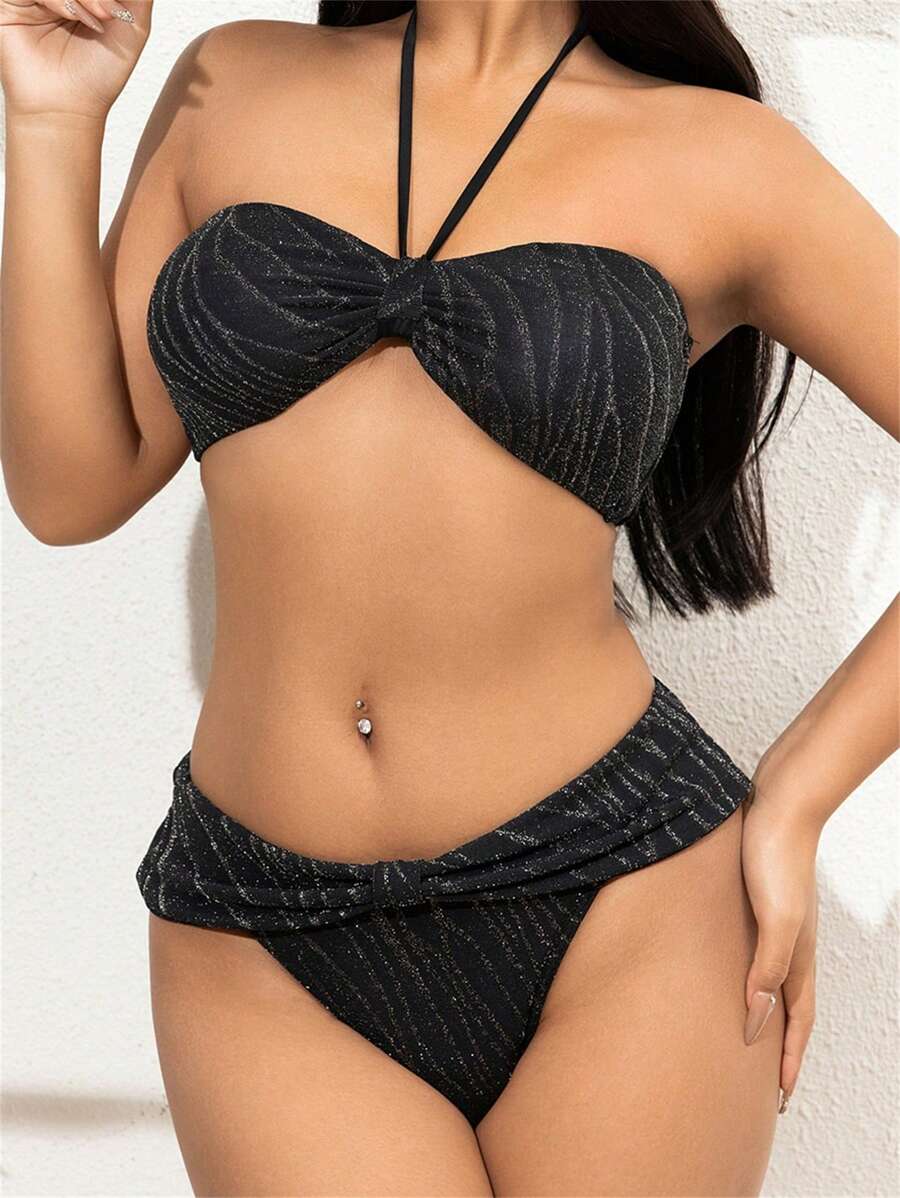 SHEIN Swim Summer Textured Halter Neck Bikini Set