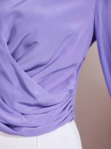 MOTF PREMIUM SILK BOAT NECK LANTERN SLEEVE CROSS WRAP BLOUSE - Purple - View 3