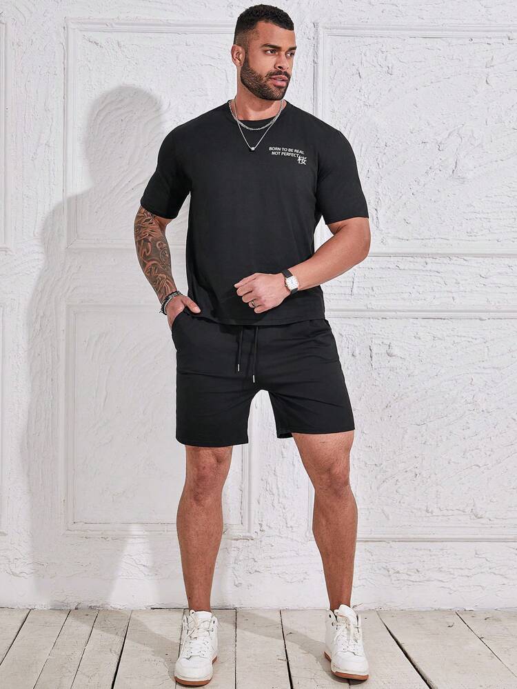 Men's Plus Size Cherry Blossom & Letter Print Short Sleeve T-Shirt And Shorts