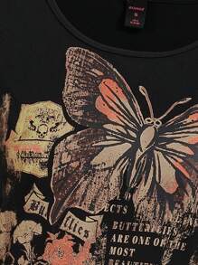 ROMWE Fairycore 蝴蝶和口号图案 T 恤蝴蝶是所有昆虫中最美丽的一种，学校 - 黑色 - 查看 4