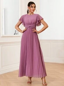 SHEIN Belle Solid Color Elegant Pleated Twisted Knot Ruffle Sleeve Bridesmaid Dress